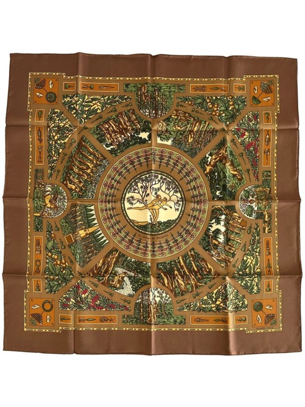 Hermes Scarf Carre 90 le Songe de Poliphile's Dream Silk Brown Green Animal